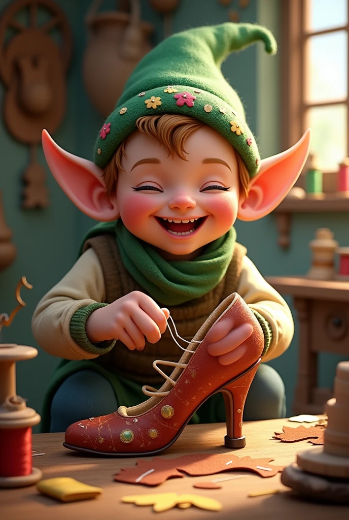 A very happy cartoon shoemaker elf making an elegant heel
