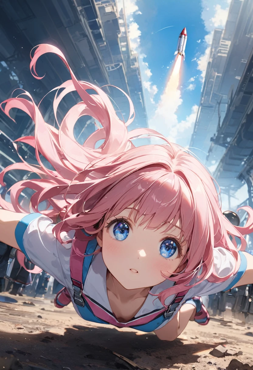 Rocket launch、Flying body、whole body、Looking up from the ground、Girl with pink hair、blue eyes、Twin Drill、A scene from a movie