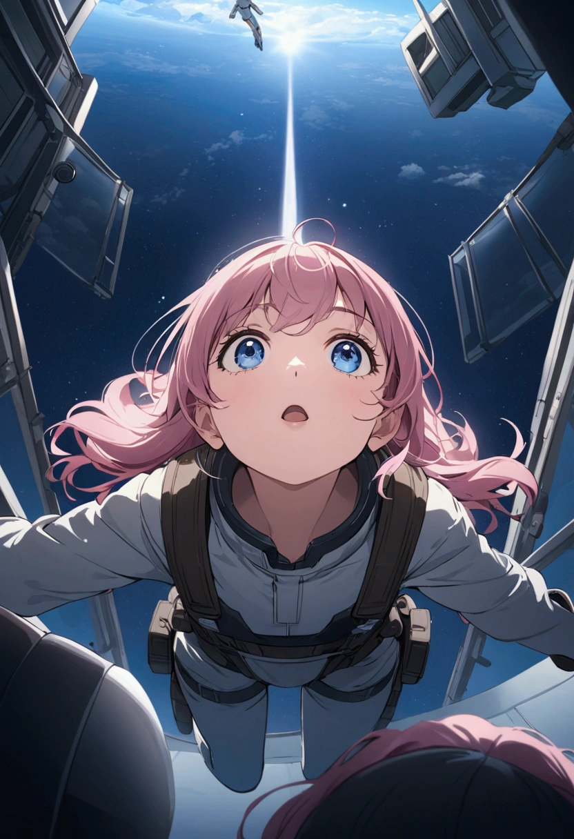 Rocket launch、Flying body、whole body、Looking up from the ground、Girl with pink hair、blue eyes、Twin Drill、A scene from a movie