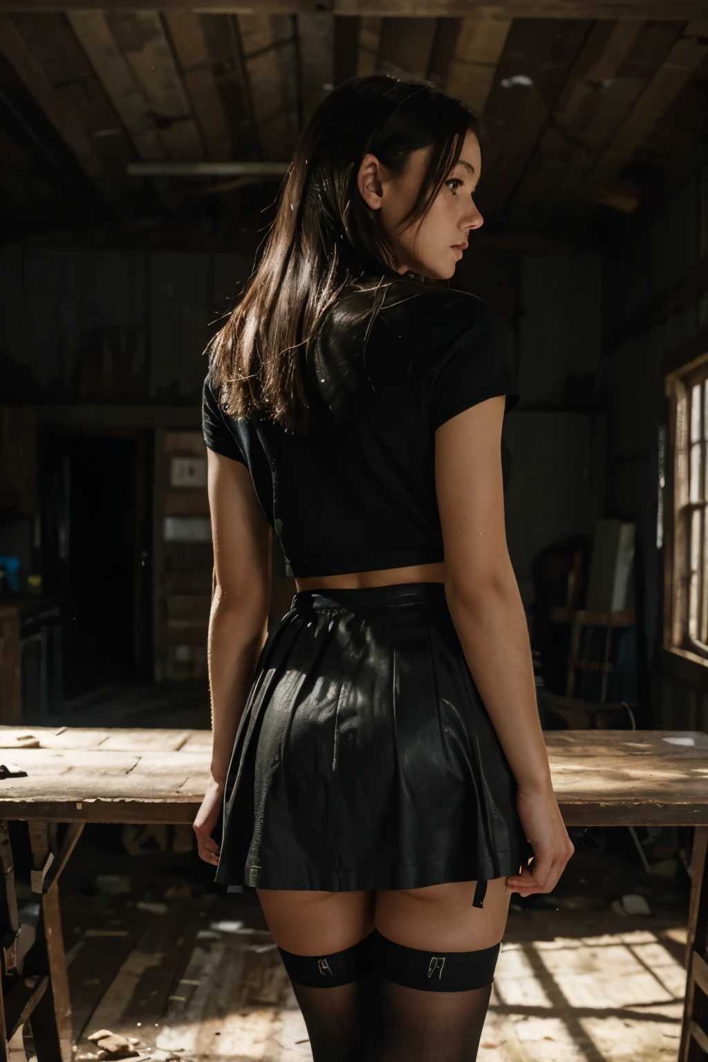 innocent lady holding zip ties, short skirt, standing, next to table, behind her back, from behind, dynamic lighting, dramatic moody lighting, cinematic lighting, abandoned barn, impressionist, dark color palette, muted colors, atmospheric, photorealistic, hyper detailed, masterpiece, best quality, 4k, 8k, highres, ultra-detailed, realistic, photo-realistic,