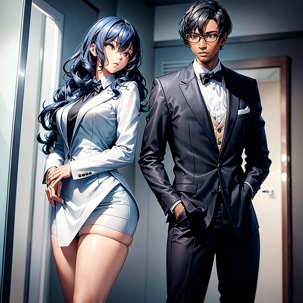 Adult black girl with short blue hair and wavy hair, tall stature and slim build, wearing an elegant white shirt and a stylish jacket with an untied black tie sitting on the right hand.