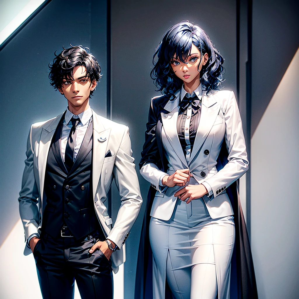 Adult black girl with short blue hair and wavy hair, tall stature and slim build, wearing an elegant white shirt and a stylish jacket with an untied black tie sitting on the right hand.