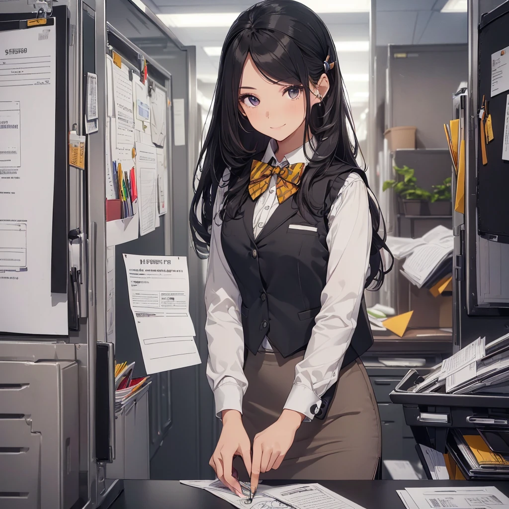 1 girl, Solo, 25 years old, Best Quality, Ultra-detailed, 8K, High resolution, Detailed face, from below, black hair, (((half up))), light smile, happy, (((office leady, office uniform, vest, bowtie, pencil skirt, ID card))), in the office, holding a bundle of papers,