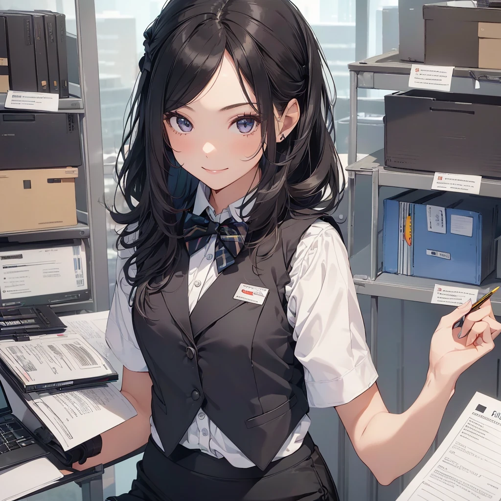 1 girl, Solo, 25 years old, Best Quality, Ultra-detailed, 8K, High resolution, Detailed face, from below, black hair, (((half up))), light smile, happy, (((office leady, office uniform, vest, bowtie, pencil skirt, ID card))), in the office, holding a bundle of papers,
