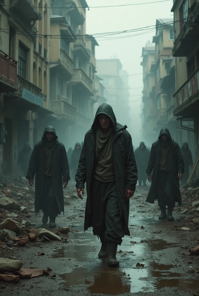 create a dystopian world, collapsed, where people are angry, sick men, the coin is worthless, the most valuable things are water and food, the spoken language is Esperanto, medical practices performed in rituals