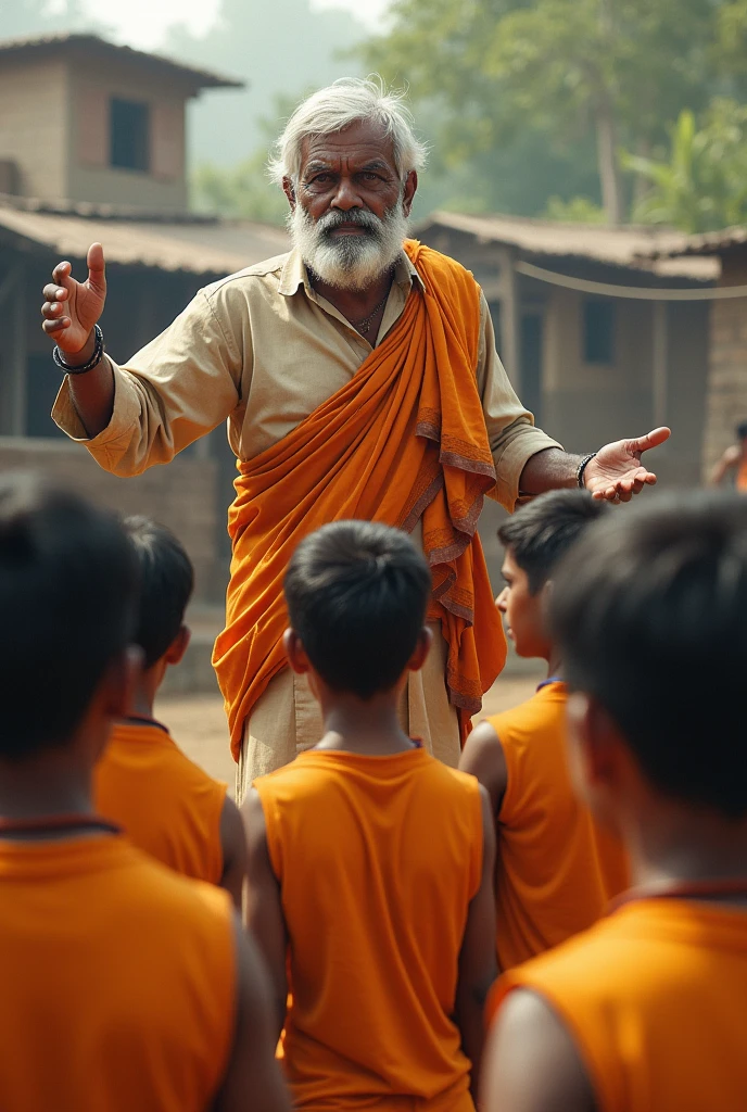 indian old aged sports teacher angrily shouting at his group of students. they are about 20 in number