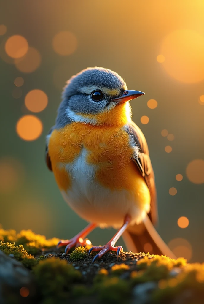 A mesmerizing close-up portrait of a gorgeous little bird illuminated by the soft, golden light of a tranquil morning, with vibrant bokeh balls gently framing its delicate form. 