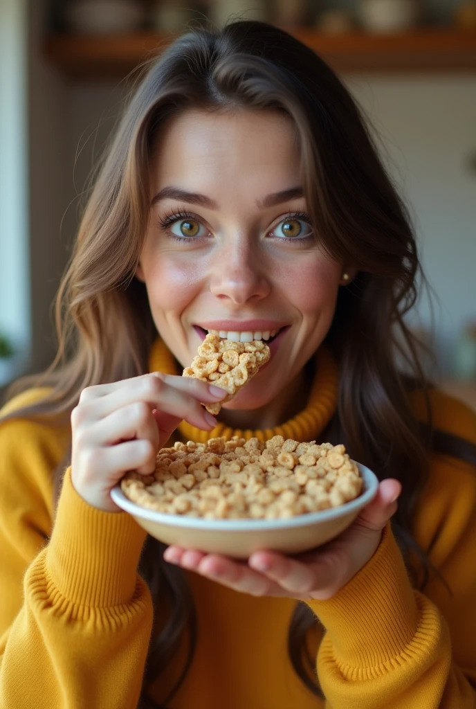 PICTURE REALISTIC, a one woman, fully body, eating a cereal bar,