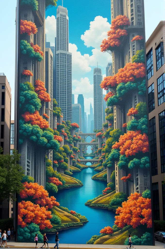 Mural on the balance between human work and nature, architecture