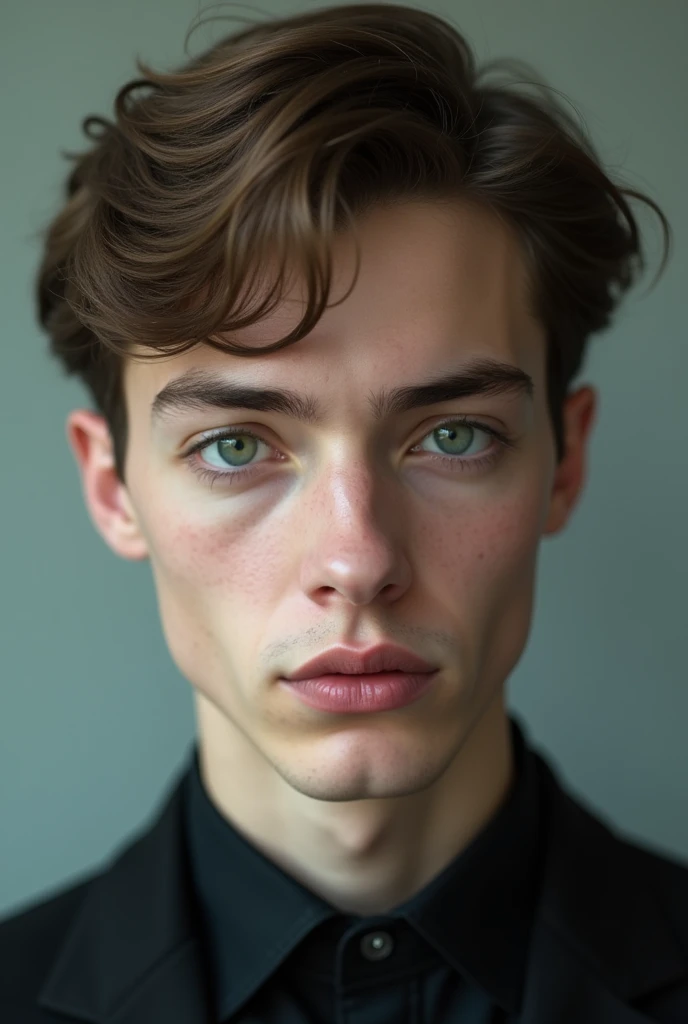 beautiful boy, perfect, 20 years old, white, no blemishes on his face, blue eyes, vampire appearance, short brown hair, no hair on his forehead, blue-green eyes, looking straight on, no shadow effect