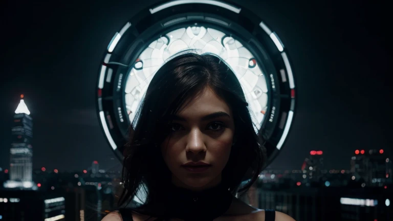 stunning image of a woman's eye, fused with an abstract, vibrant city silhouette at night, with city lights sparkling on high-rise skyscrapers and bustling streets; iris dilated. The eye is surrounded by a strong white void that creates a striking contrast and adds depth and intensity to the overall picture, hyperrealistic, digital, structured, surreal, gloomy and mysterious.