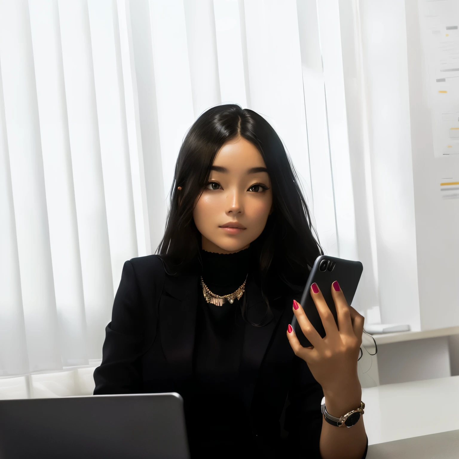 woman sitting at a table with a laptop and a cell phone, checking her phone, goddess checking her phone, woman in black suit, she is holding a smartphone, sitting in the office, wearing black suit, in the office, in the office, working in an office, checking her cell phone, sitting at a computer, young business woman, sitting in front of the computer