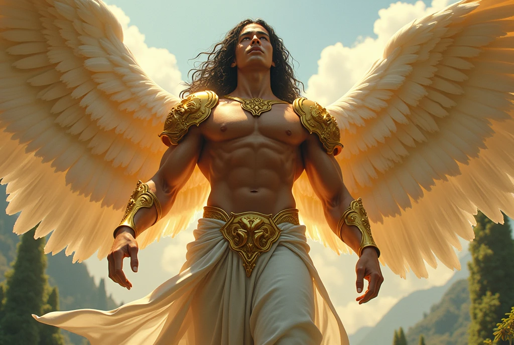 Archangel Chamuel、The Archangels、masterpiece,Best Quality,Ultra-detail,hight resolution,hight resolution,4K,Portrait in 4K,8k,8k Portrait,Unity 8k Wallpaper,extremely details CG,Realistic,Raw photo,real person,a portrait photo of,Photorealistic,Shiny skin,Detailed skin, increase image to 2048*1536 resolution. Create hyper-realistic highly detailed lifelike image, of Archangel Chamuel looks in his mid 30s, with a Japanese appearance and long, flowing, wavy black hair. He wears gold-plated armor on his shoulders and chest signifying his status as one of God's Holy angels. Archangel Chamuel has chiseled and firm abs, and his beauty is otherworldly as he is a Celestial being. Standing at a towering 11'8" with a muscular build and large biceps, he exudes strength and fierceness. Enchanting with the glory of God illuminating from his body, Archangel Chamuel flying from the garden of Eden back up to Heaven. Archangel Chamuel walks throughout the Garden of Eden. Japanese features.