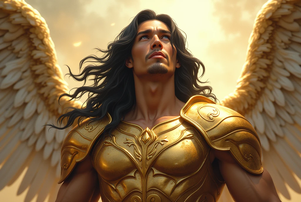 Archangel Chamuel、The Archangels、masterpiece,Best Quality,Ultra-detail,hight resolution,hight resolution,4K,Portrait in 4K,8k,8k Portrait,Unity 8k Wallpaper,extremely details CG,Realistic,Raw photo,real person,a portrait photo of,Photorealistic,Shiny skin,Detailed skin, increase image to 2048*1536 resolution. Create hyper-realistic highly detailed lifelike image, of Archangel Chamuel looks in his mid 30s, with a Japanese appearance and long, flowing, wavy black hair. He wears gold-plated armor on his shoulders and chest signifying his status as one of God's Holy angels. Archangel Chamuel has chiseled and firm abs, and his beauty is otherworldly as he is a Celestial being. Standing at a towering 11'8" with a muscular build and large biceps, he exudes strength and fierceness. Enchanting with the glory of God illuminating from his body, Archangel Chamuel flying from the garden of Eden back up to Heaven. Archangel Chamuel walks throughout the Garden of Eden. Japanese features.