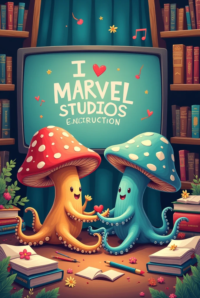 A cartoon-type drawing, where the characters are a mushroom and an octopus in love, surrounded by books, musical notes, Brushes, flores. while watching a movie screen with a marvel studios movie