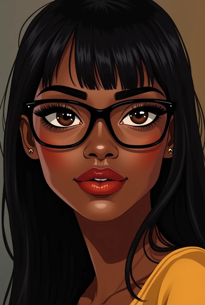 Female, smirking at camera, African, Big heart-shaped lips, Nubian nose, a beauty mark under the lips, two toned lips (upper lip is cool dark brown color and lower lip is a dark red-ish warm beige), ginger eyelashes (same color as hair), thin almond shaped eyes, Straight long hair with bangs,, wearing black glasses