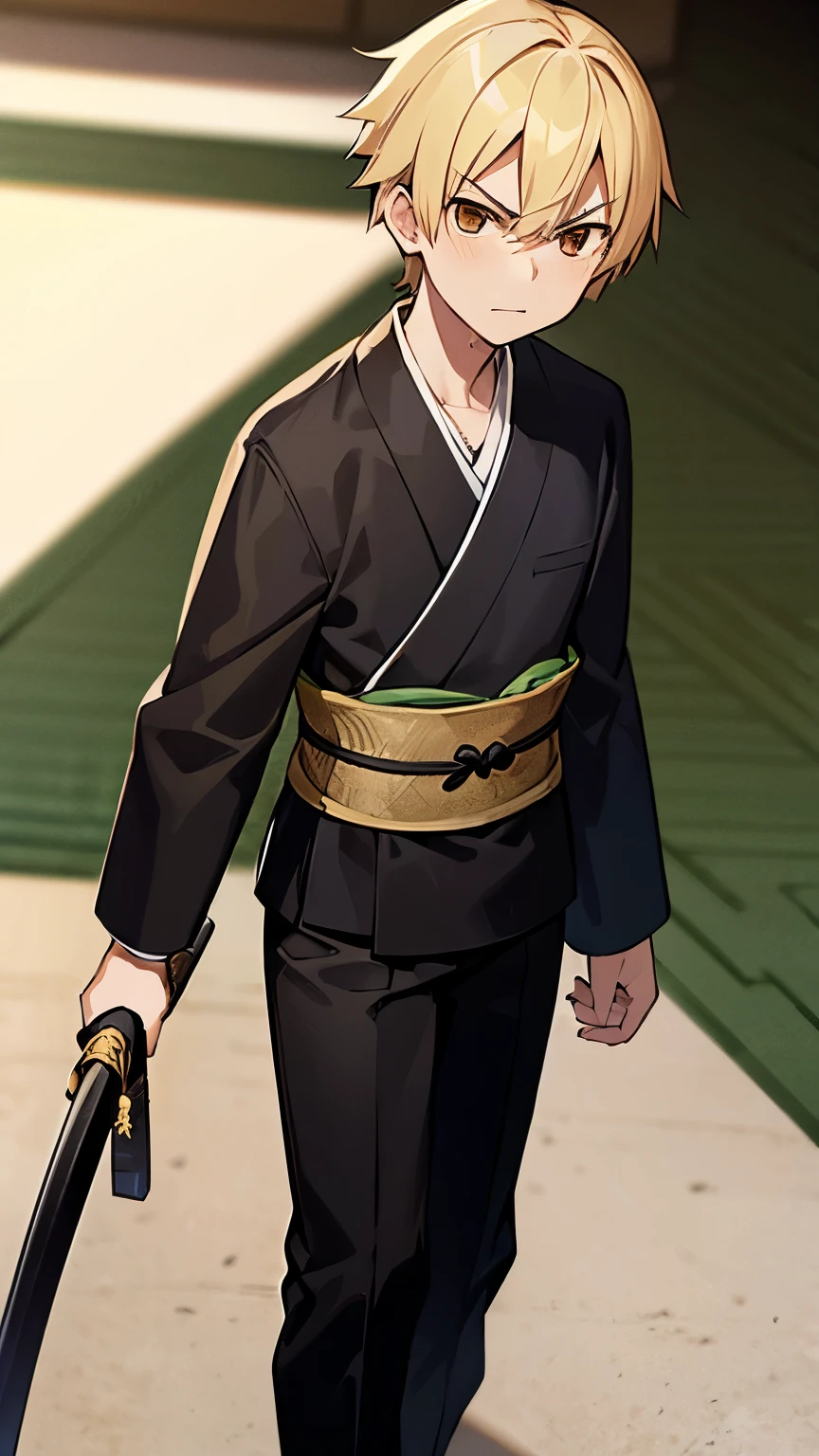 1boy, light blonde hair, katana, green kimono, obi, big size, formal, villain, angry, brown eyes