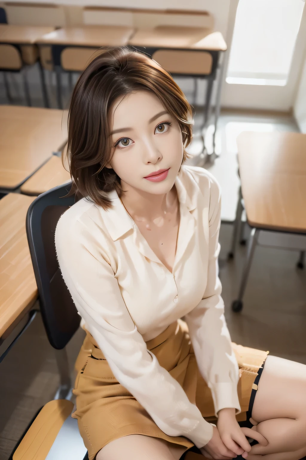 (Sitting cross-legged on a classroom chair, looking up at me:1.4)、Shot from above、Japanese women、30 year old teacher、White blouse with pencil skirt、pumps、Full body photo、first-person view, close-up, uhd, anatomically correct, super detail, high details, best quality, 16K