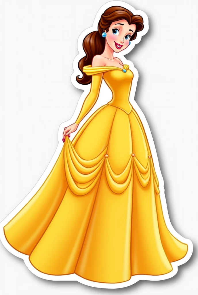 Sticker with white border of the number fifteen with Princess Belle showing her entire long yellow dress from the Disney movie Beauty and the Beast,