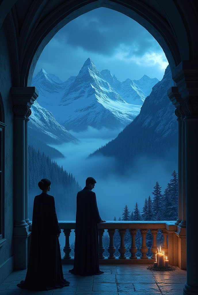A castles balcony, that is looking at the snowy mountains. At the foot of the mountains there is mist, and there are a lot of trees. On the balcony, there is two people, a woman and a vampire looking at the mountains, but they are shadows. And it's night and it's really dark outside. There is some candles giving a little mood to the picture