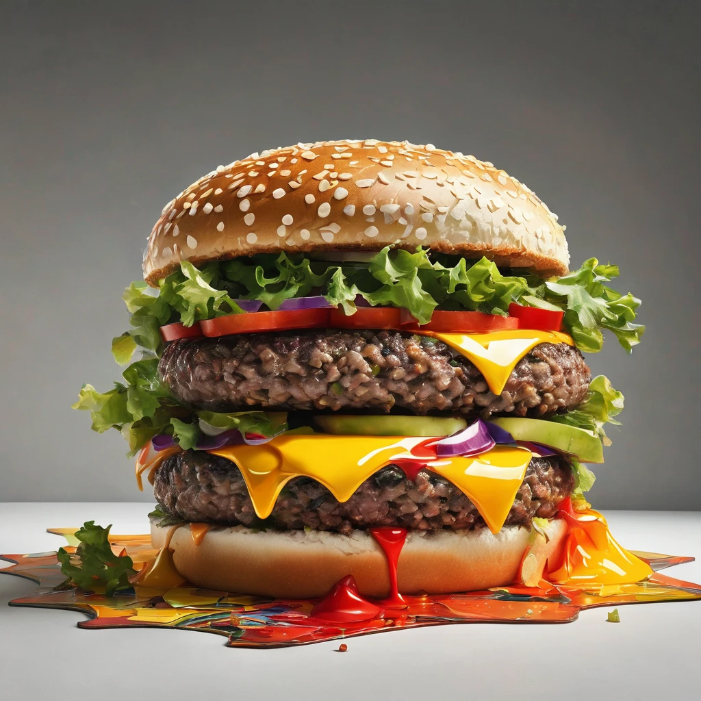 "Visualize an interpretation of a hamburger. Break down the shape of the hamburger into geometric shapes and fragmented planes, To capture its movement and energy in a unique and abstract way. Incorporate bold colors and sharp angles, to convey a feeling of movement and tension. Play with perspective and layering, to create a multidimensional composition, which questions traditional notions of space and form. Be inspired by the avant-garde spirit of surreal realism and see nature in a fresh and innovative light.. Unleash your creativity, as you bring this imaginative scene to life on the screen
