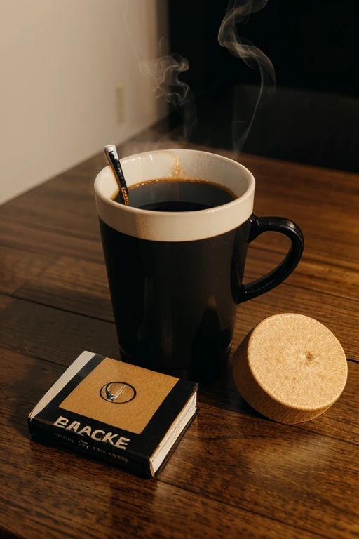 A pack of cigarettes accompanied by a cup of black coffee on the table.
