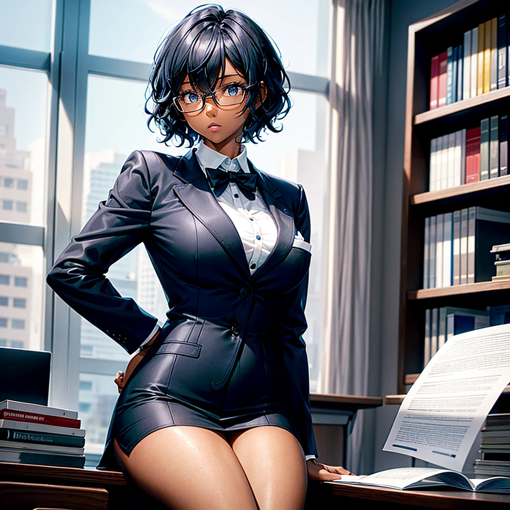 Adult black girl with short blue hair and wavy hair, tall stature and slim build, wearing a smart white shirt and a smart jacket with an untied black tie and sitting on top of a desk in a large office and holding a paper in her right hand.