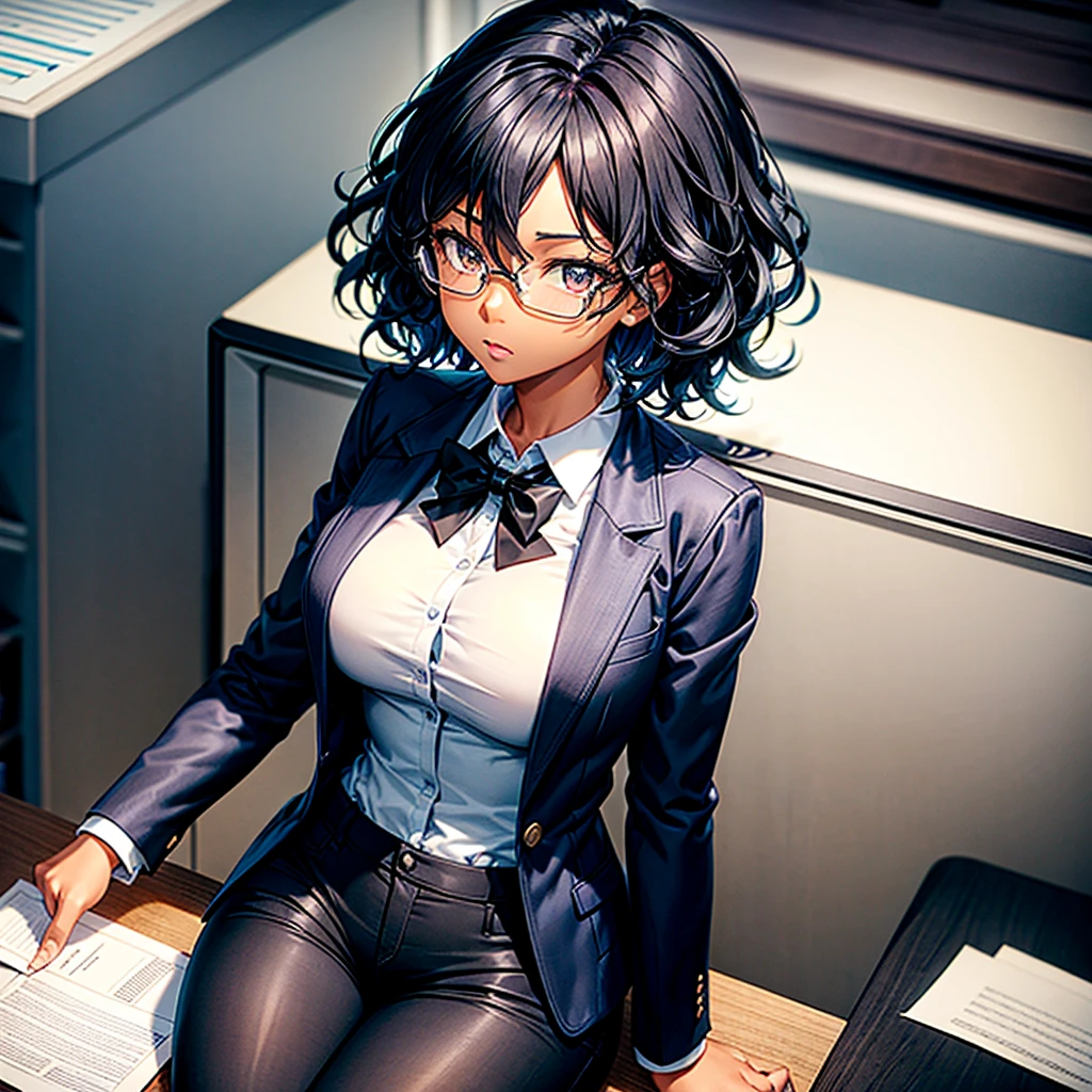 Adult black girl with short blue hair and wavy hair, tall stature and slim build, wearing a smart white shirt and a smart jacket with an untied black tie and sitting on top of a desk in a large office and holding a paper in her right hand.