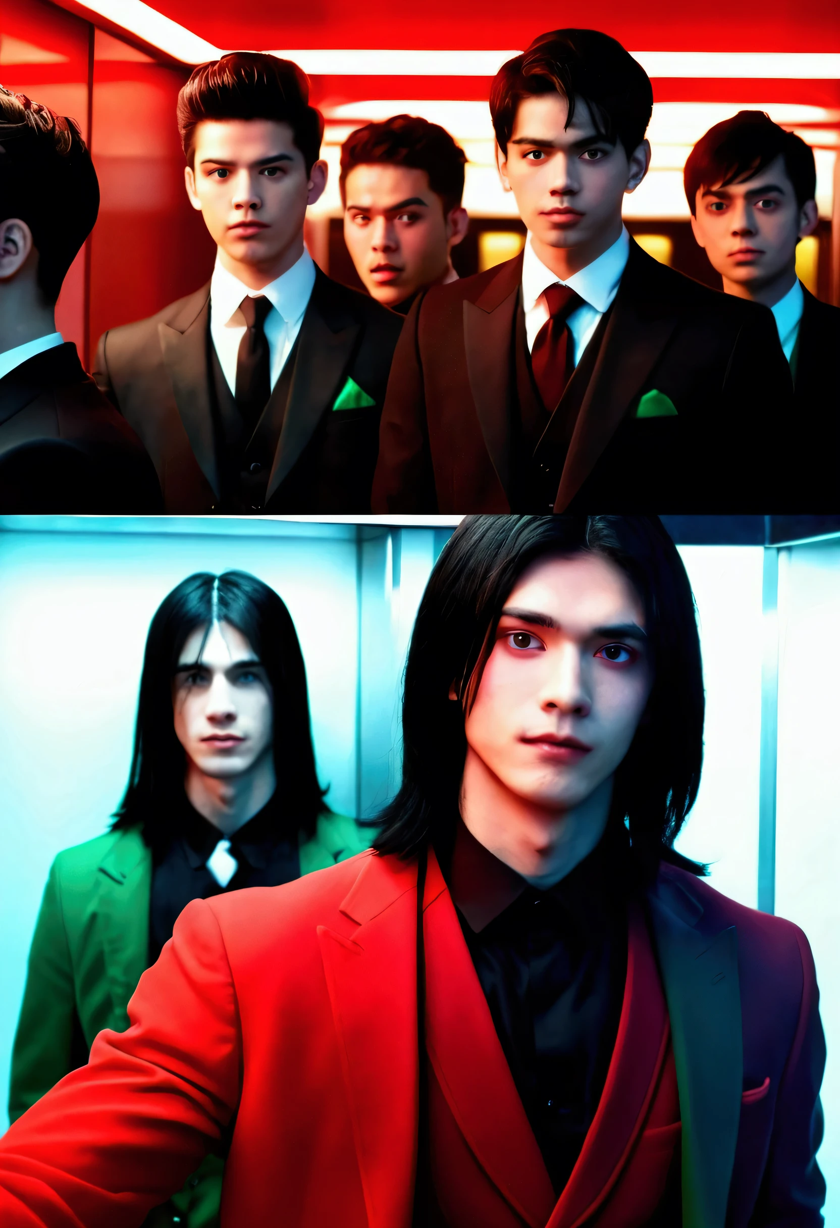 Five young men in formal company attire and one young man with black hair dressed in red, looking terrifying, are in an elevator bathed in neon red and green light. All the men's faces are expressionless, except for the boy in red, who is smiling eerily