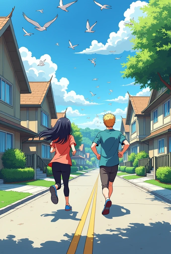 Make a sketch of two people running on the left side on the street around nice houses and birds flying near them in anime style