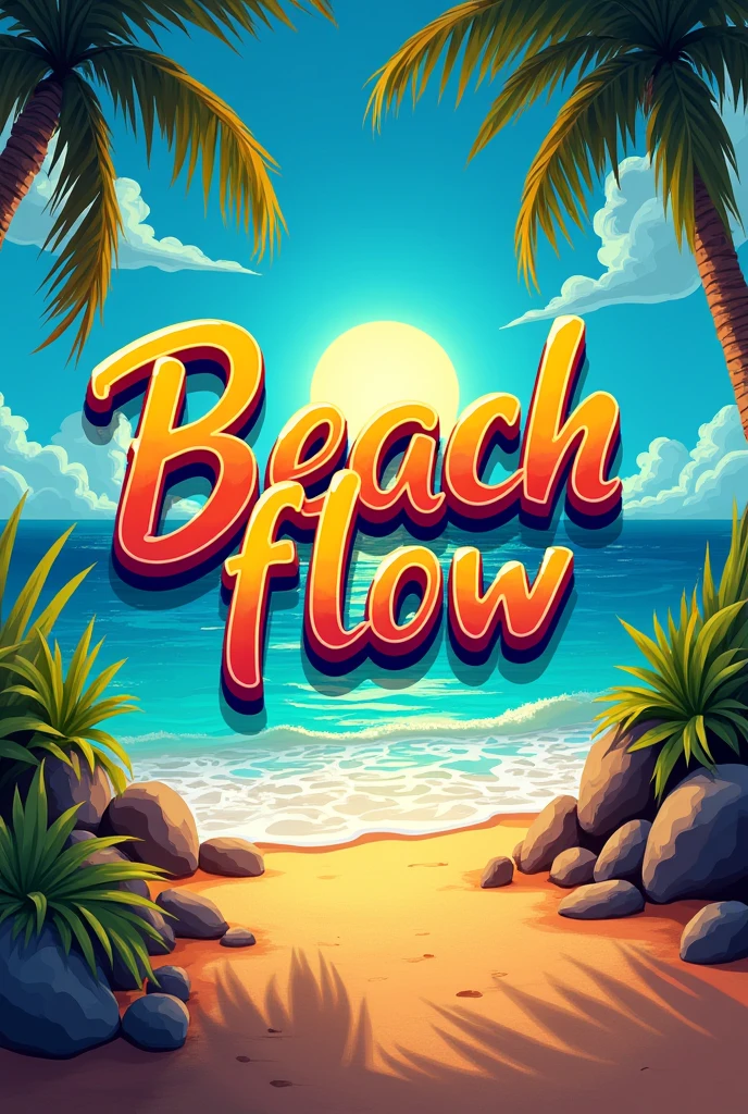 Make me a logo that says , Beach flow with bright blue, yellow, red, strong green colors and that has a speaker but everything looks realistic