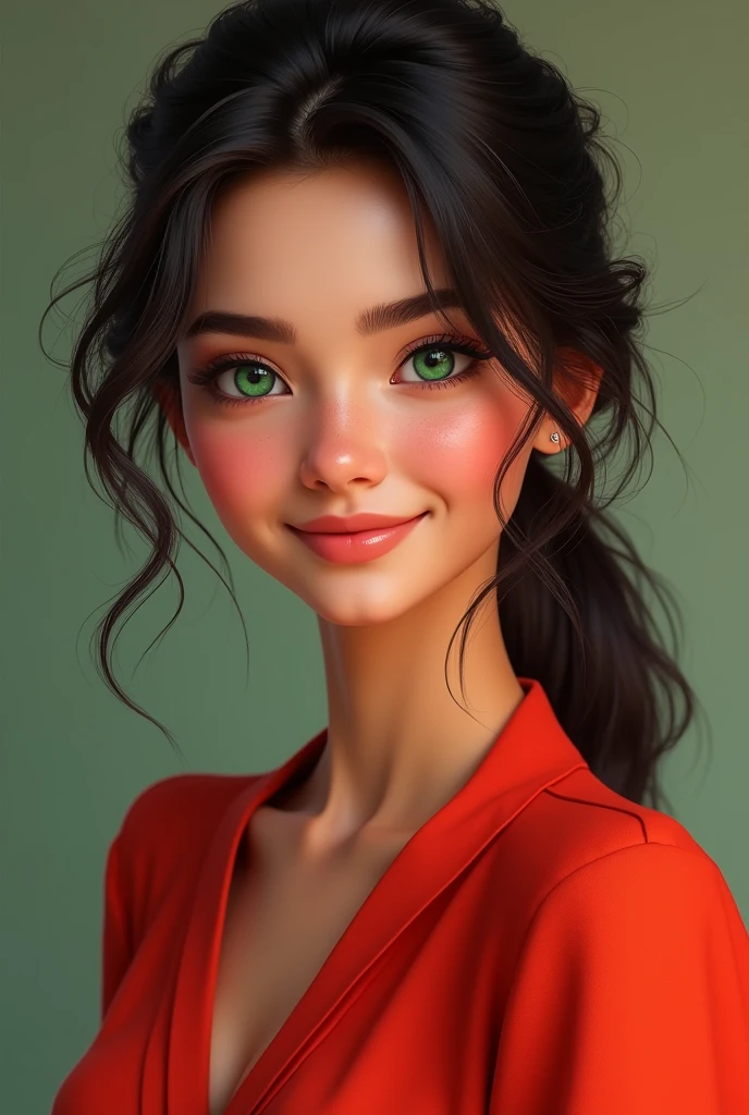 Create an artificial Colombian woman round face green eyes slim profile #$831#hd red clothes cute american