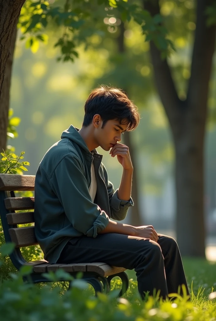 Young man sitting on a bench looking down and thinking with his head down Realistic 4k