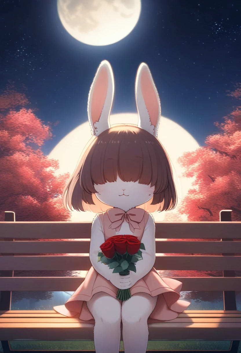 ((Masterpiece)), ((Best Quality)), (Very Detailed), ((Very Detailed)), 4K, (8K), very aesthetic, absurdres highres, 1 girl, (anthropomorphic Rabbit, furry, kemono:1.5), (hair over eyes, hair covered eyes, hime cut), A young woman sits on a park bench on a full moon night. She is holding a bouquet of red roses and waiting for someone with a nervous expression. The moonlight gently illuminates her face, and in the background is a starry night sky. The silhouettes of the trees sway quietly, and the light of street lamps can be seen vaguely in the distance.