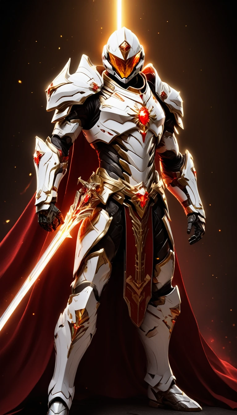 Masterpieces, male, Holy white Knight, (white armor) Action style shot, Glowing red colored Christian cross on chest made of a large gem on chest (Battle Priest in a warframe and halo style armor wielding a glass sword with radiant red light, emanating potent gold light magic.), (action shot: brandishing radiant glass sword), (white, red and silver color scheme), (5 red gems on belt), (large Christian cross on chest and abdomen), (red magic effects), (redhalf cape), white and red tabard (solid gold color background), (gold magic background effects), centered, full body shot fighting, sci-fi knight, Halo master chief, vibrant colors, visible figure joints, cinematic shot, volumetric lighting, intricate pattern detail, highly detailed