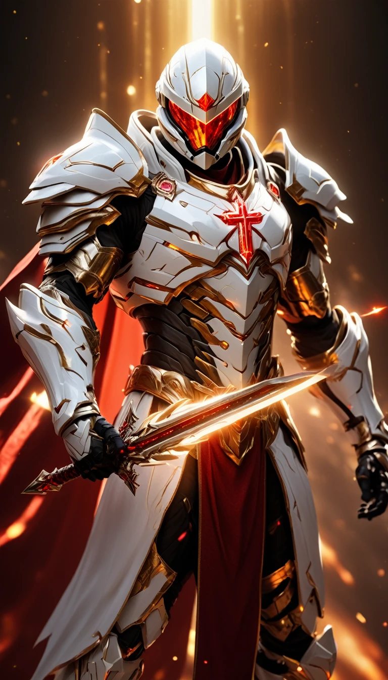 Masterpieces, male, Holy white Knight, (white armor) Action style shot, Glowing red colored Christian cross on chest made of a large gem on chest (Battle Priest in a warframe and halo style armor wielding a glass sword with radiant red light, emanating potent gold light magic.), (action shot: brandishing radiant glass sword), (white, red and silver color scheme), (5 red gems on belt), (large Christian cross on chest and abdomen), (red magic effects), (redhalf cape), white and red tabard (solid gold color background), (gold magic background effects), centered, full body shot fighting, sci-fi knight, Halo master chief, vibrant colors, visible figure joints, cinematic shot, volumetric lighting, intricate pattern detail, highly detailed