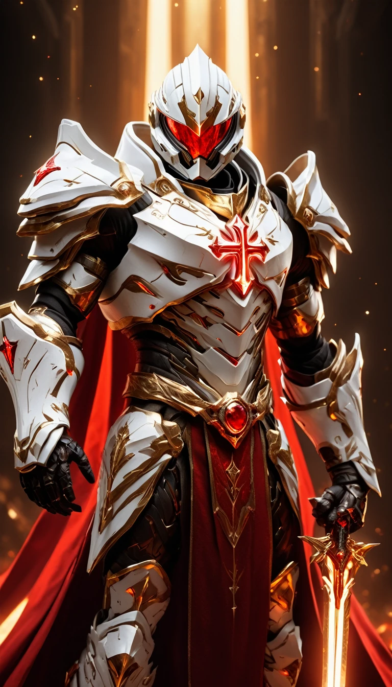Masterpieces, male, Holy white Knight, (white armor) Action style shot, Glowing red colored Christian cross on chest made of a large gem on chest (Battle Priest in a warframe and halo style armor wielding a glass sword with radiant red light, emanating potent gold light magic.), (action shot: brandishing radiant glass sword), (white, red and silver color scheme), (5 red gems on belt), (large Christian cross on chest and abdomen), (red magic effects), (redhalf cape), white and red tabard (solid gold color background), (gold magic background effects), centered, full body shot fighting, sci-fi knight, Halo master chief, vibrant colors, visible figure joints, cinematic shot, volumetric lighting, intricate pattern detail, highly detailed