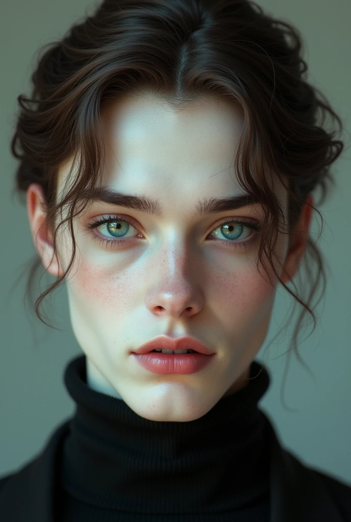 beautiful boy, perfect, 20 years old, pale, no blemishes on his face, blue eyes, vampire appearance, brown hair, no hair on his forehead, blue-green eyes, looking straight ahead, no shadow effect