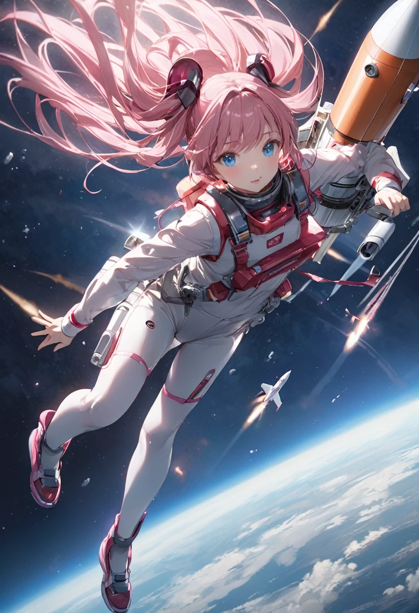 Rocket launch、Flying body、whole body、Girl with pink hair、blue eyes、Twin Drill、A scene from a movie