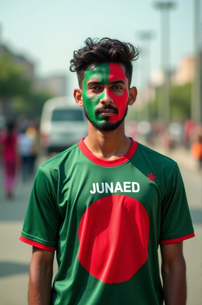 Tutorial

🔰 Command : A 23 Year old boy in front of the Bangladeshi road on the back wearing the Jersey of Bangladesh. The Jersey has Name Junaedwritten in English and the Face are covered in red color flag.