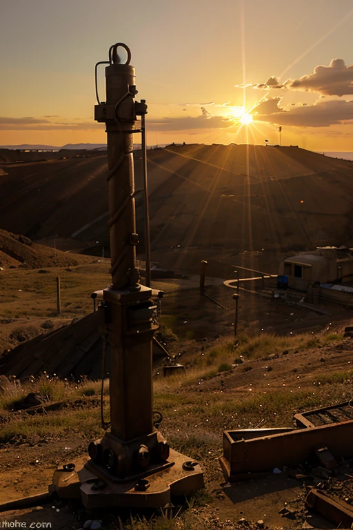 Drill, covered in rust and scratches, stands against the backdrop of an abandoned mine, in the rays of the setting sun.