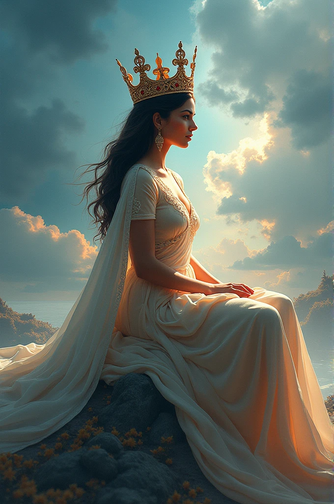 Digital Illustration, a stunning Aishwarya Rai seated atop a crown, surrounded by an ethereal atmosphere. The art style should embrace elements of surrealism and fantasy, taking inspiration from the dreamlike works of Salvador Dali and the enchanting creations of Studio Ghibli. The queen, with an air of mystique, gazes into the distance, lost in her thoughts. The background should feature a blend of vibrant colors and soft gradients, evoking a sense of enchantment and wonder. The camera angle should be slightly tilted, adding a dynamic touch to the composition. The image should be rendered using a combination of digital painting techniques and textured overlays to achieve a unique visual effect. Resolution: 4K.