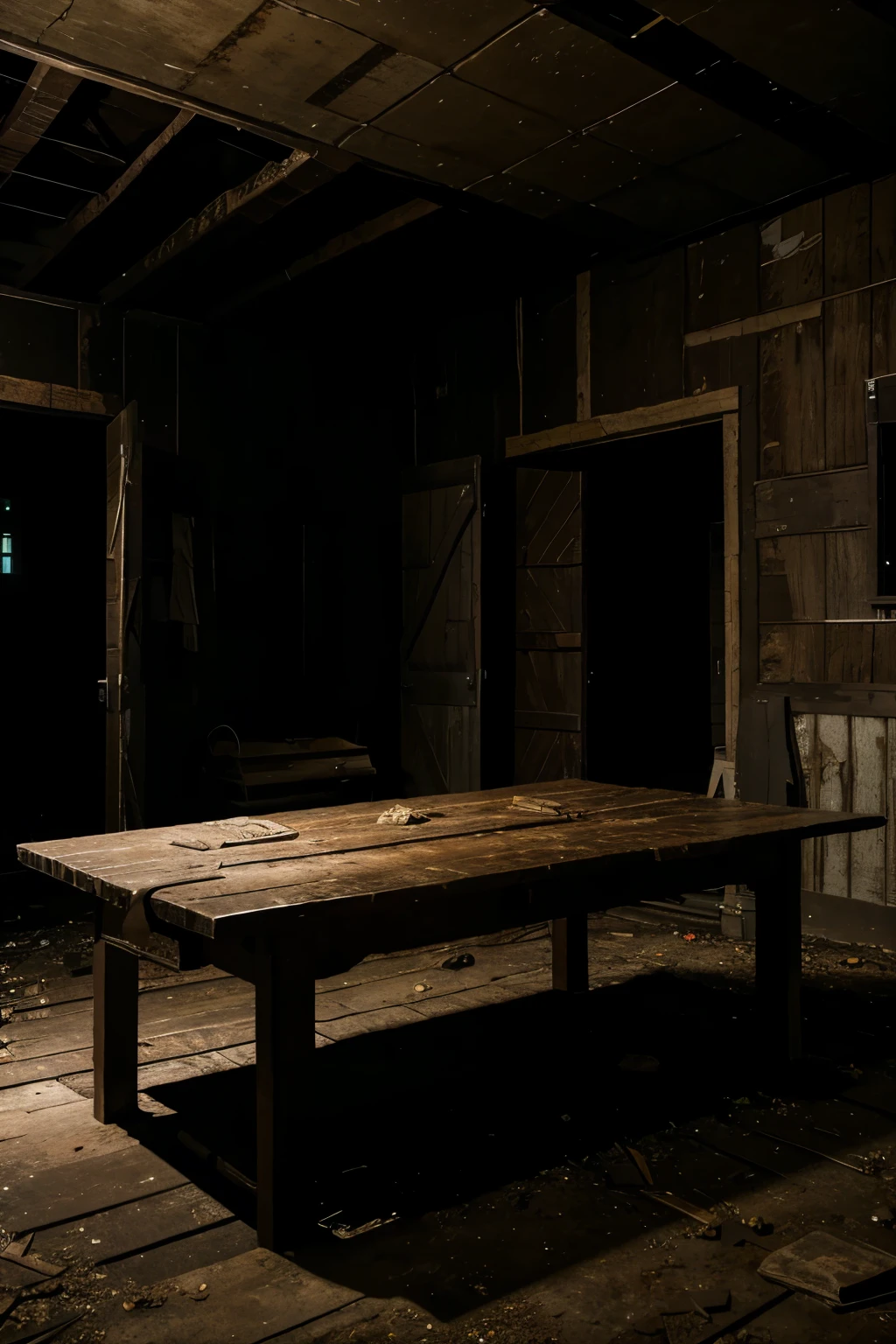 A dark abandoned barn at night with a table with handcuffs on the table