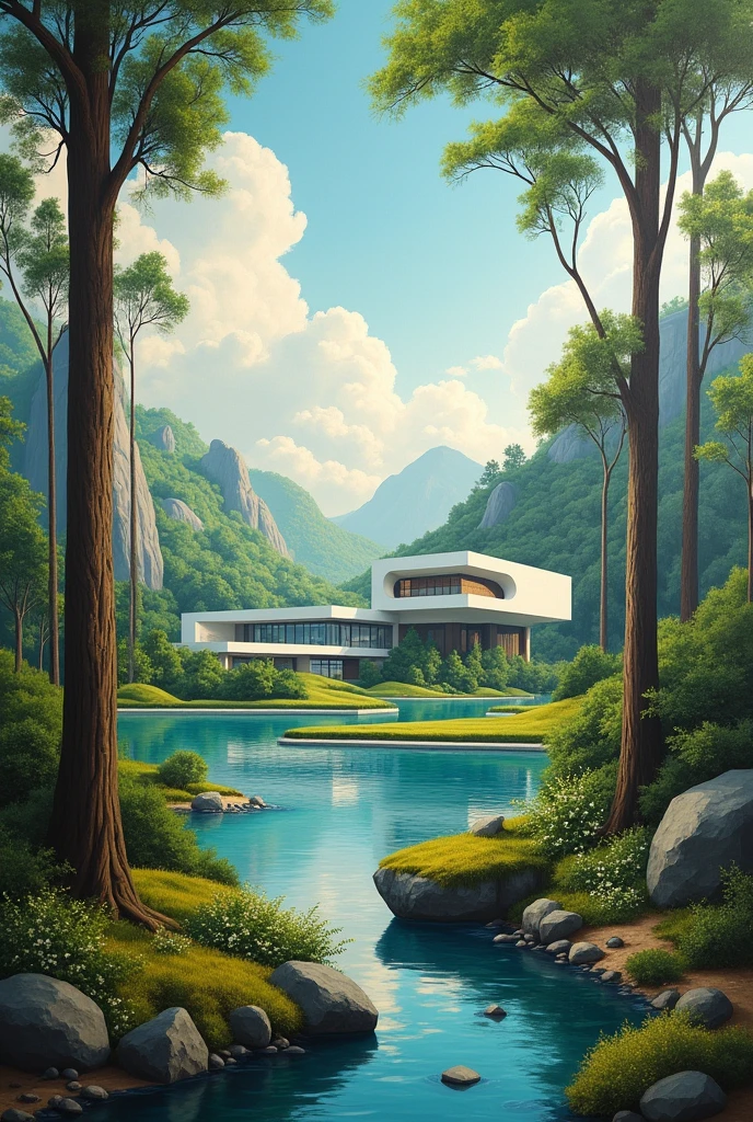 Mural on the balance between human work and nature, architecture