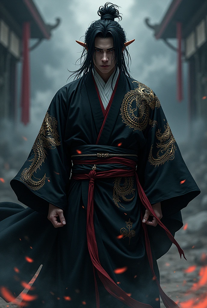 Make a black kimono with dragon details in demon slayer 2d style