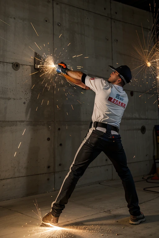 Drill, rotating at high speed, drills a concrete wall, striking sparks.