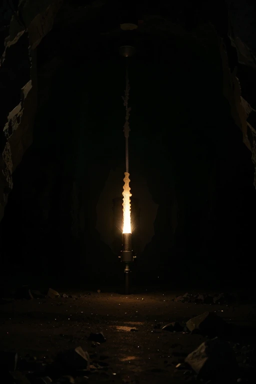 Drill,  equipped with a powerful searchlight,  penetrates into the dark cave,  illuminating unknown passages.