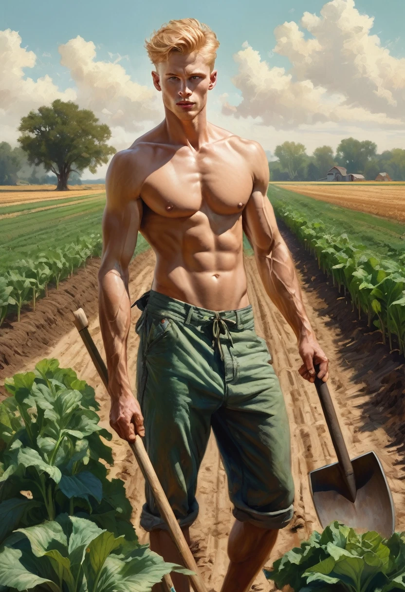 ((fullbody_homoerotism_nsfw) ((1 man Holding a hoe with both hands, Tilling the soil)) ((dynamic movement composition)) reflect the strength and masculinity of latino , 20 years old, workers shirtless, barefoot, Caucasian ethnic physical characteristics Industry: Agriculture Background: Field of crops. Leg Position: Spread apart, one slightly forward. Arm Position: Holding a hoe with both hands. Action: Tilling the soil. Color Palette: Greens and browns. Facial Expression: Determined and focused. Model’s by Aaron Horkey and Jeremy Mann, masterpiece, best quality, Photorealistic, ultra-high resolution, photographic light, illustration by MSchiffer, fairytale, Hyper detailed A mixture of photography and painting, simetryc Composition, Perfect Divine Proportione, 8k resolution A young man, white skin, smoth body, thin face, straight nose, thin lips, square chin, large light blue eyes, short blond wavy hair, in roberto ferri style, aesthetic slim athletic body, ginger realistic skin, gorgeous, detailed tonned muscles, barefoot, perfect anatomy, muscled fitness body, The man shirtless, barefoot, pantles, big erected detailed perferct penis, confident gaze,