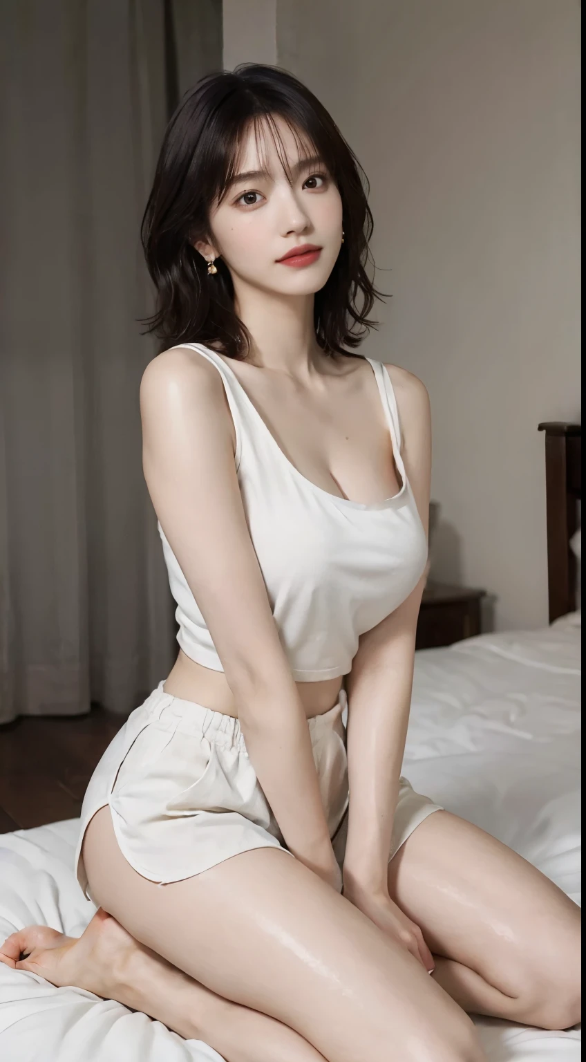 (Very big round breasts:1.6), (whole body:1.3), (Copper-white hair:1.3), ( T-shirt and shorts:1.1), (Wet:1.2), Very delicate and beautiful, masterpiece, Highest quality, Ultra-high resolution, 16K, Realistic, Very detailed, Very detailed CG 8k 壁紙, Beautiful lighting, Perfect Lightning, Realistic Shadows, Anatomically correct, Smooth, lustrous skin, Perfect figure, Latin, Late 20s, The body is slim, Slim abdomen, Small Head, Handsome detailed woman, Very detailed目と顔, Realistic Face Proportions, Stunning eye for detail, Realistic little beautiful face, Realistic small beautiful eyes, double eyelid, compensate, Tearful mole, Mole on chest, Earrings, Short Wavy Hair, Cleavage, barefoot, Soft abdomen, Thin clavicle, beautiful and very thin legs, Beautiful and very slim thighs, Exposing shoulders, barefoot, At the hospital