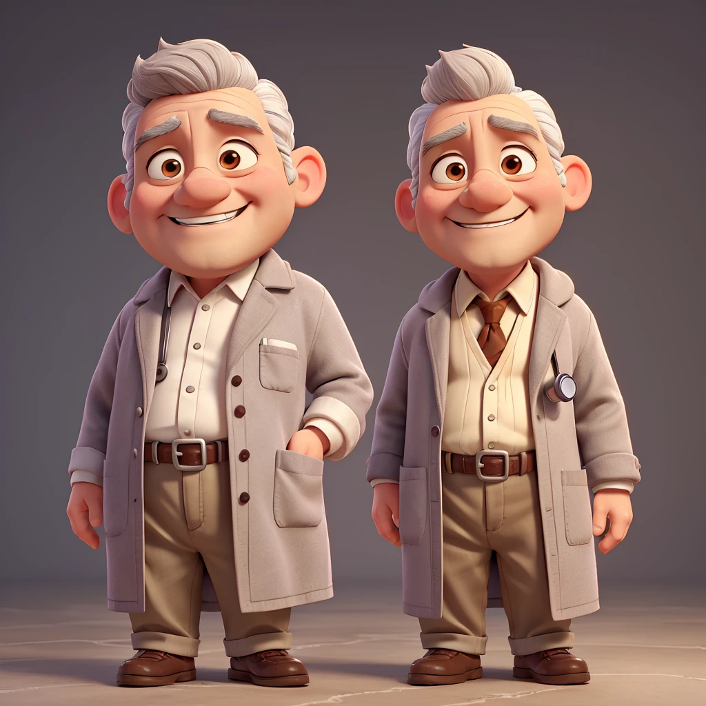low old doctor, a little overweight, remake to disney persona, no beard, big ears, brown eyebrown low, grey hair, white coat, stethoscope, grin, grey hair, hair little slide to side, low eyes, large forehead, half-closed eyes, light smile